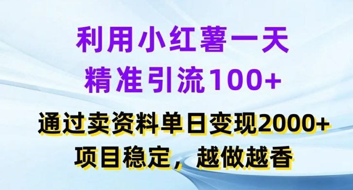 利用小红书一天精准引流100+，通过卖项目单日变现2k+，项目稳定，越做越香【揭秘】-369资源站